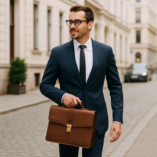 Mann in beiger Jacke, trägt schwarze Aktentasche mit Griff, Straße im Hintergrund
