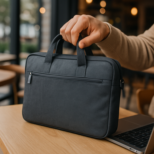 Mann in schwarzer Kleidung, hält schwarze Laptoptasche am Griff, Straße mit Motorrad im Hintergrund