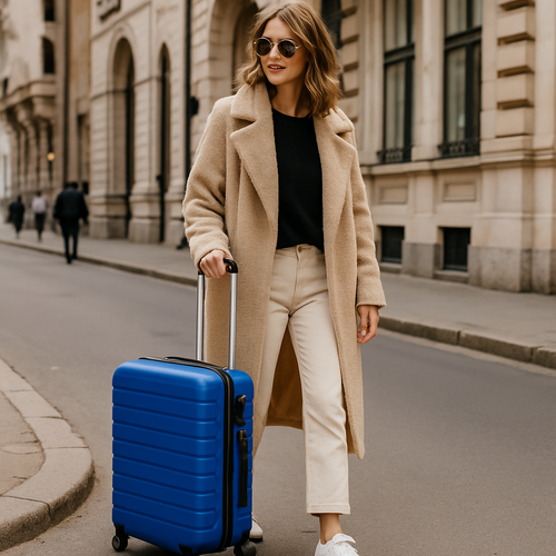 Koffer, blau, Reißverschluss, helle Umgebung, zwei Hände, Alltagsszene