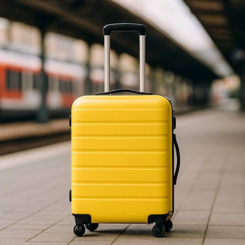 Koffer, gelb, Frau, Business-Outfit, Hotellobby, auffällig, modern