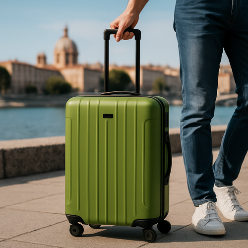 Koffer, grün, Detailansicht, Griff, glänzend, modern, schlicht