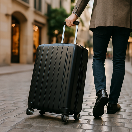 schwarzer Hartschalenkoffer, heller Griff, Sommerlook, robust, reisebereit