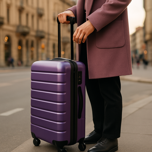Koffer, lila, Mann, Shorts, Hotelflur, Reiseszene, modern