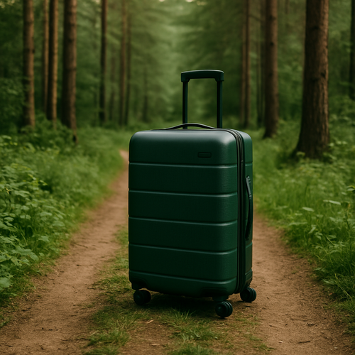 nachhaltiger Koffer, Handgepäckgröße, lässiger Sommerlook, Natur im Hintergrund, Abendlicht, entspanntes Reisen