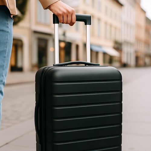 Koffer, schwarz, Nahaufnahme, Griff, Frau, Jeans, urban, unterwegs