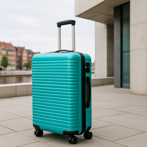 Koffer, türkis, modern, schlicht, vor heller Wand, cleanes Design