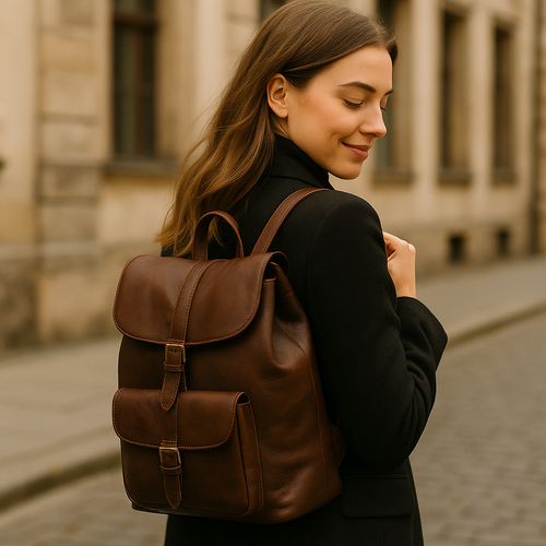 Lederrucksack Damen, goldbraun, Blumenwiese, romantisch, stilvoll