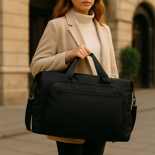 Reisetasche, Leder, edel, neben Reisepass, bereit zum Einchecken, urban