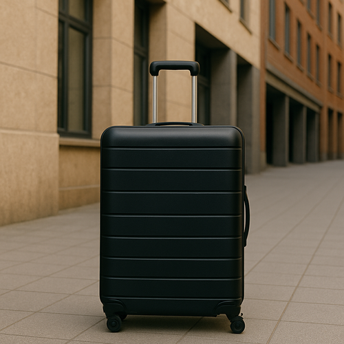 großer Trolley, Hafenblick, Meer, moderne Skyline, Reise in die Ferne