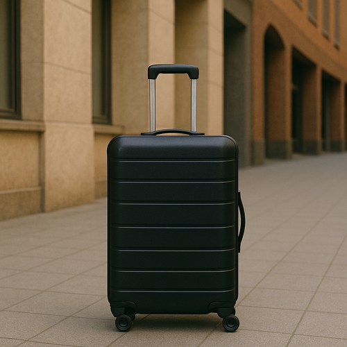 schwarzer Koffer mittlerer Größe, hohe Absätze, Pflastersteine, stilvoll, feminin