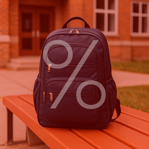 Schulranzen im Sale, vier Kinder laufen Hand in Hand, fröhlich, bunte Schulranzen, sommerliches Licht, Schulweg, Freundschaft, Lächeln, Prozentzeichen über dem Bild