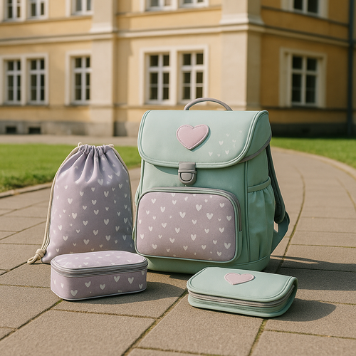 Schulranzen-Sets, vier Kinder mit Schulranzen, von oben fotografiert, schauen lachend in die Kamera, gepflasterter Boden, bunte Ranzen