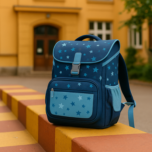 Schulranzen für Jungs, Junge mit blauem Schulranzen, blickt über die Schulter, trägt gestreiftes T-Shirt, helle Straße, sonniger Tag