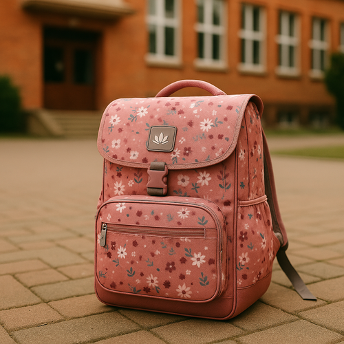 Schulranzen für Mädchen, Mädchen mit rosa Schulranzen, hält Hand einer erwachsenen Person, sommerliche Szene im Grünen, Schulweg, fröhliche Stimmung