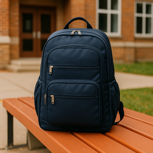 Schulrucksäcke, Kinder mit Schulrucksäcken, rennen Richtung Schule, Rückenansicht, dynamische Bewegung, Alltagsszene