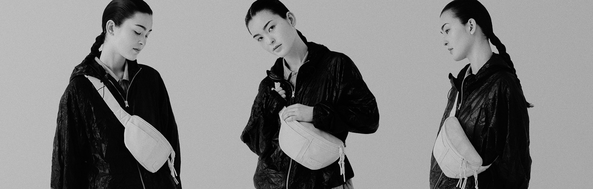 Eastpak, Rucksack, minimalistisch, urbaner Look, Streetstyle, Model mit Rucksack, weißer Rucksack, Studioaufnahme, drei Perspektiven, modernes Design, funktionales Accessoire