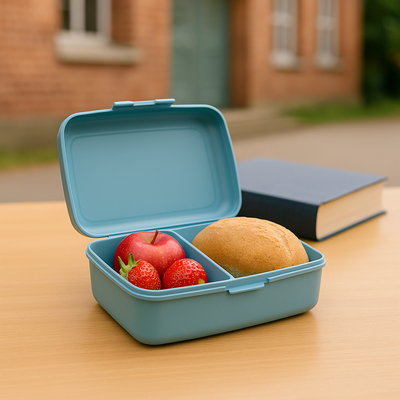 Lunchbox, auf Holztisch, verschiedene Fächer mit Obst und Snacks, Kind mit Jeansjacke, greift nach Snack