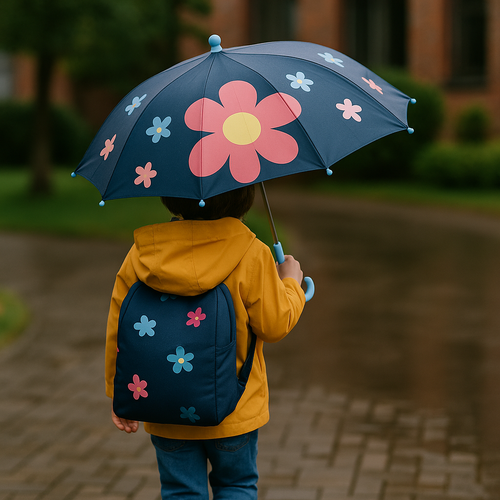 Regenschirme für Kinder, zwei Kinder unter buntem Schirm, lachend, Regen fällt, Mädchen hält Hand nach vorn