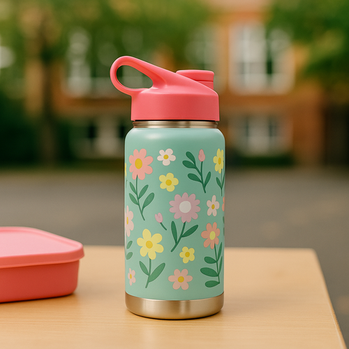 Trinkflaschen, Mädchen in weißem Shirt trinkt aus blauer Flasche, Wiese im Hintergrund, andere Kinder sitzen auf dem Rasen